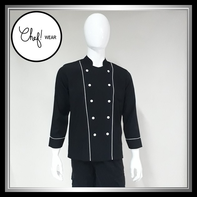 Chef Wear Baju Koki LS Hitam (piping putih)