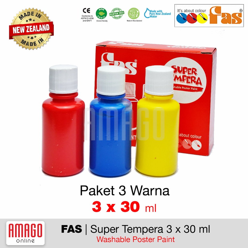 PAKET 3 WARNA CAT POSTER - FAS SUPER TEMPERA - 3 PRIMARY COLOUR SET - 3 x 30 ml