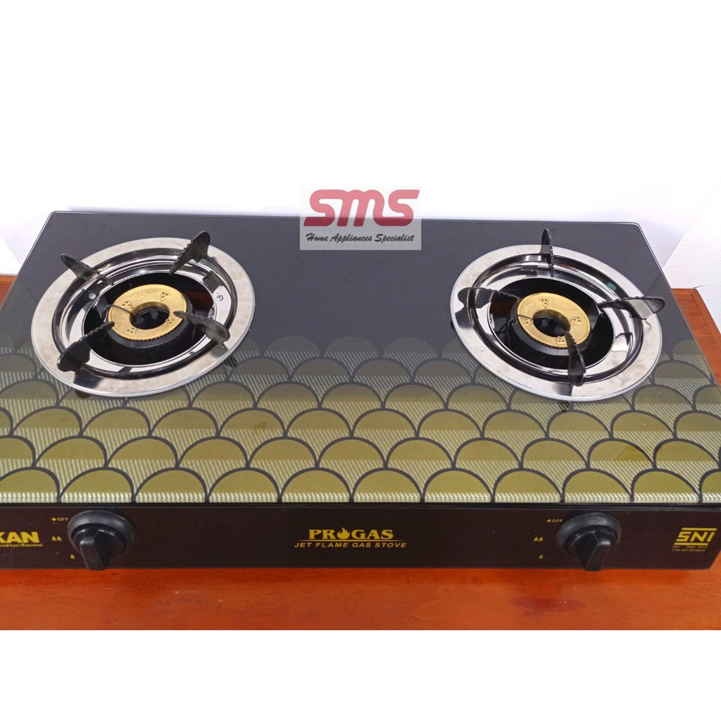 KOMPOR GAS PROGAS DUA TUNGKU KACA HITAM PANEL HITAM MOTIF SISIK / PERALATAN DAPUR