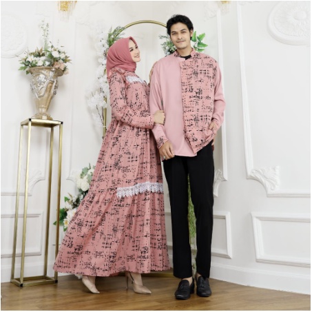 Set Baju Couple Pria Wanita Gamis Kemeja Koko Suami Istri Pasangan Muslim Batik Modis Terbaru 2022-Dusty