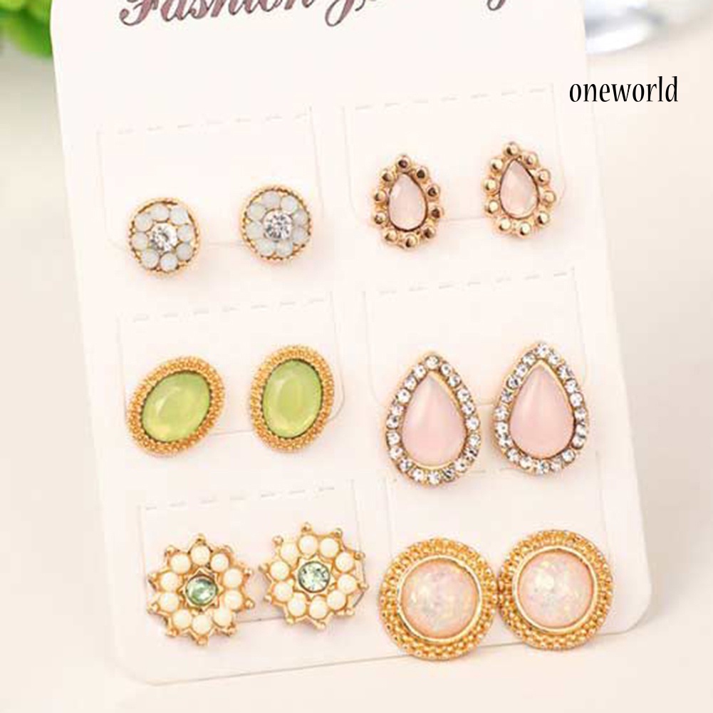 OW@ 6Pairs Fashion Women Water Drop Flower Rhinestone Faux Opal Ear Studs Earrings