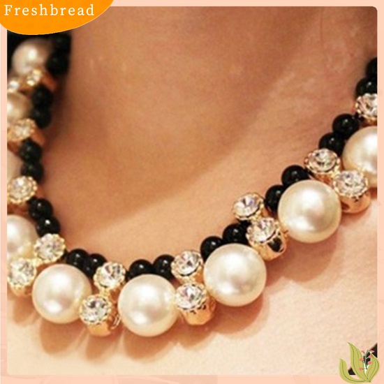 【Fresh】Women Fashion Double Row Faux Pearl Adjustable Ribbon Chain Choker Necklace