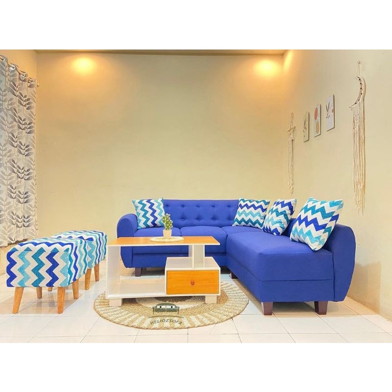 sofa selonjor navy blue set meja dan stool