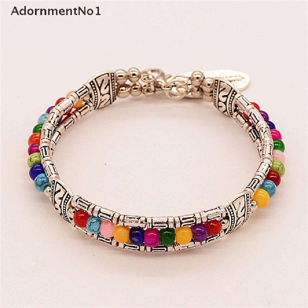 (AdornmentNo1) Gelang Tangan Silver Gaya Tibet Vintage Bohemia Motif Bulu + Batu Turquoise Untuk Wanita