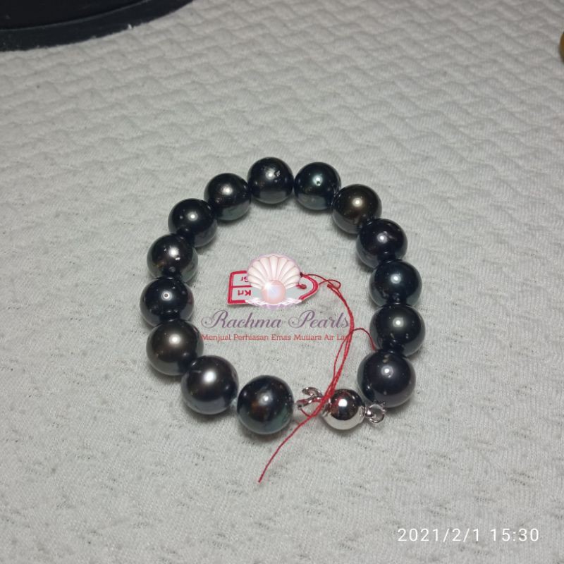 Gelang pria mutiara air laut warna hitam tahiti asli original dari lombok 10mm 11mm termurah keren