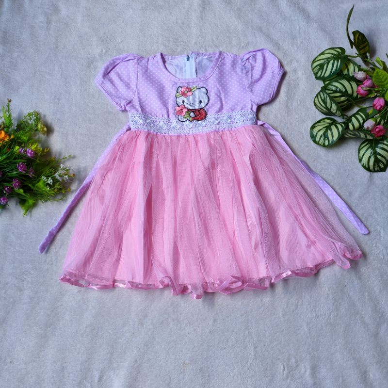 Dress anak 1-2 tahun gaun tutu anak cewek gaun anak perempuan hijau hellokitty ( dress SAP kitie )