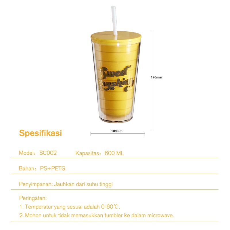 Kuning Botol Minum Tumbler 2 Lapis Wall dengan Sedotan 600ml BPA Free Anti Pecah SAMONO SC002 ORI