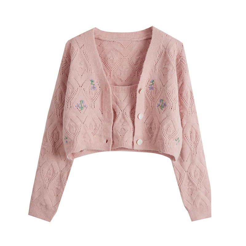 #Sisjuly# Setelan Wanita Baru Bordir Berongga Sweater Rajut Kardigan Selempang Set Dua Potong