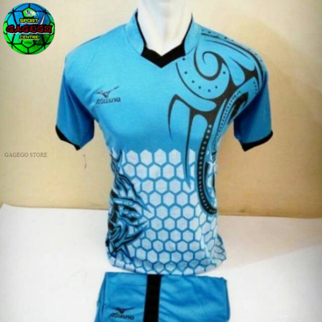setelan olahraga kaos bola jersey futsal baju volly mizuno batik biru muda