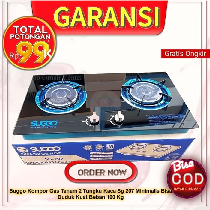 Kompor Gas Tanam 2 Tungku Kaca SUGGO Sg-207 Minimalis Bisa Duduk Kuat Beban 100 Kg
