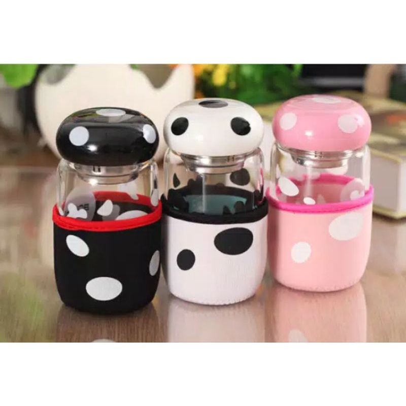 Botol Kaca Jamur + Pouch Lucu - Botol Jamur B79-2-Botol Air Minum