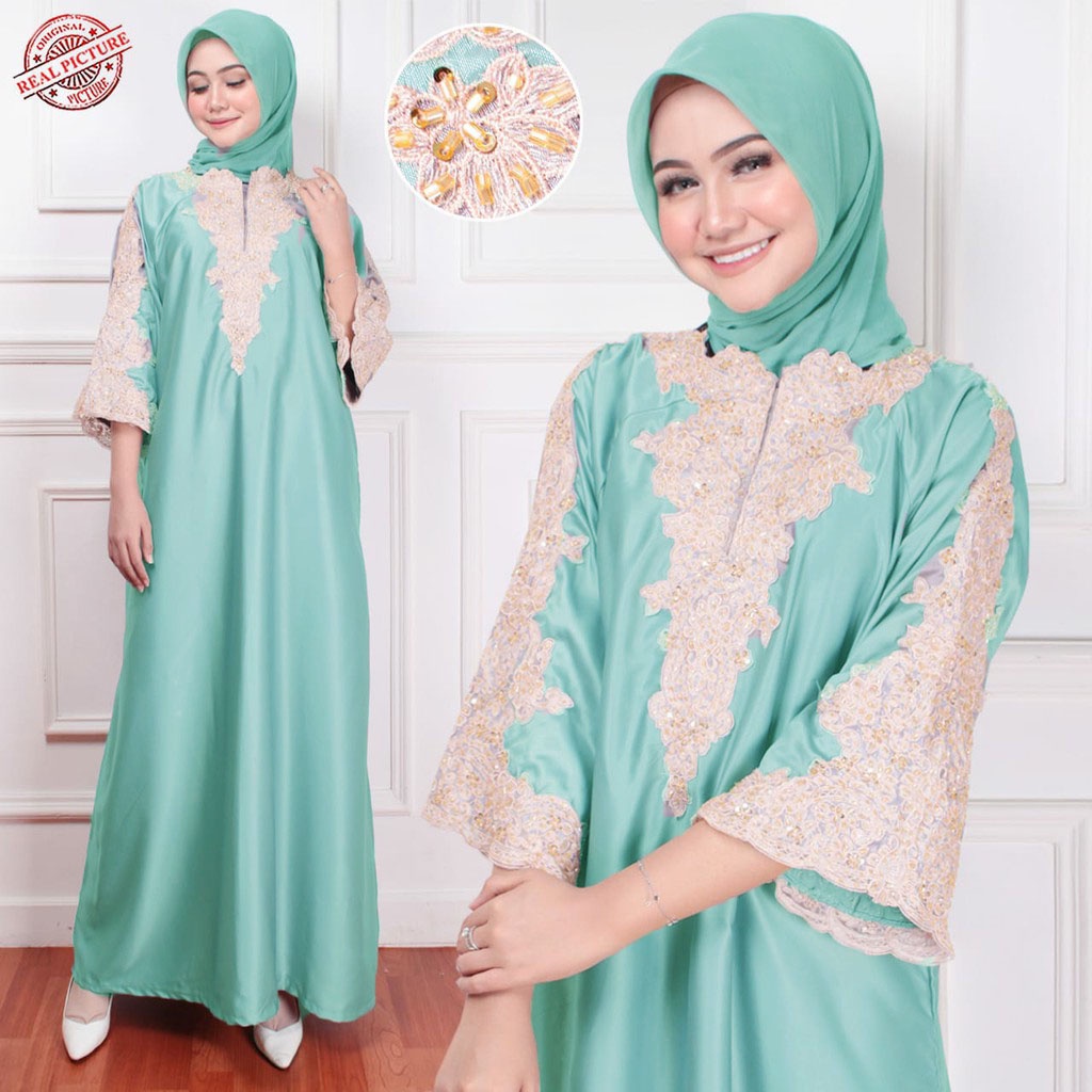 HOPYLOVY Kaftan Lebaran Wanita Satin Kerancang Mewah Elisabet