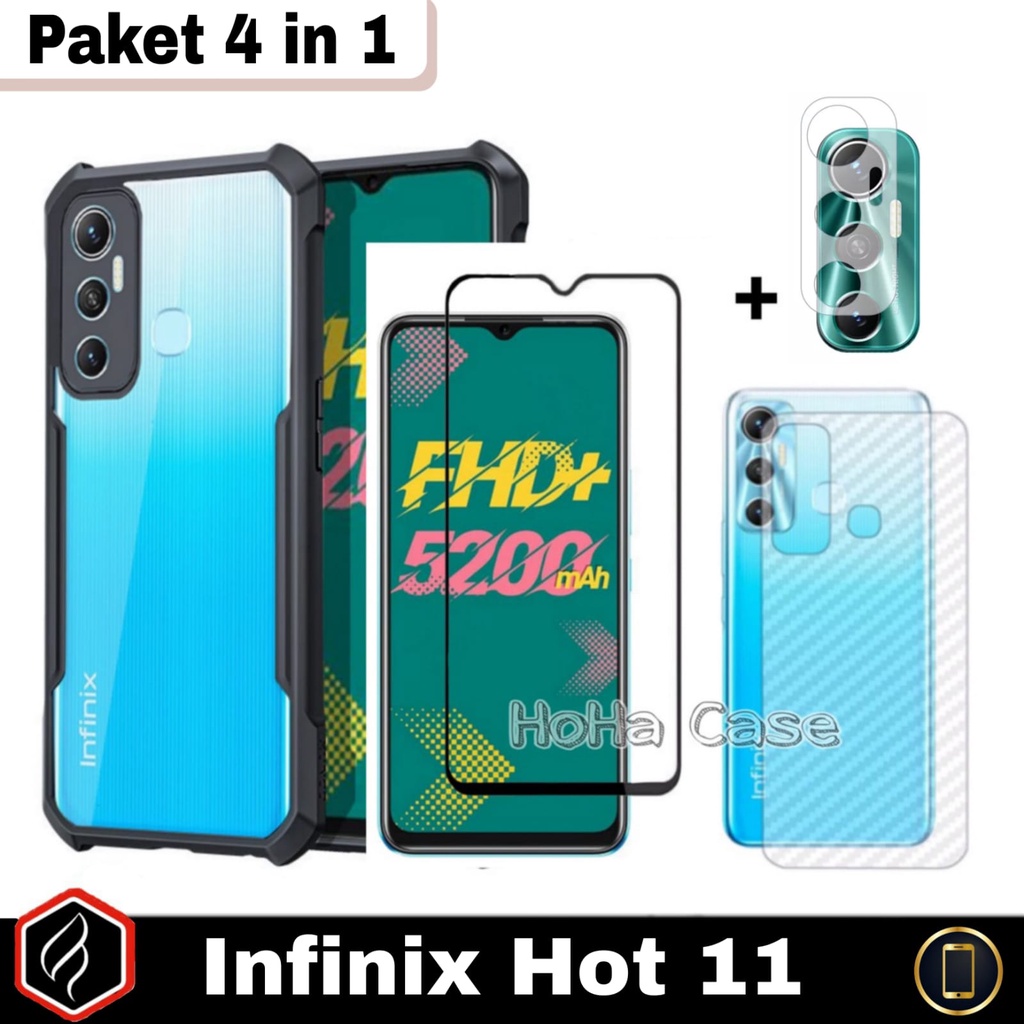 PROMO 4in1 Infinix Hot 11 Case ShockProof  Transparan + Anti gores layar + Tempered glass camera Free Skin Carbon