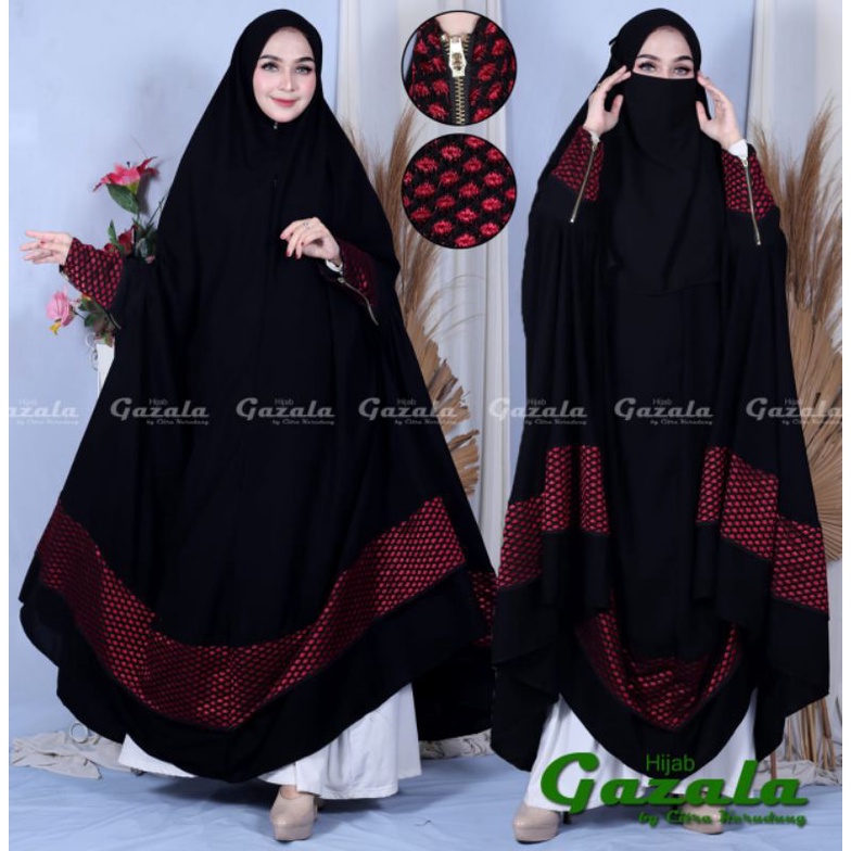 Khimar Jumbo Jubah Busui Jetblack Manset Zipper variasi Lis Brukat GRATIS Cadar Tali bahan Katun Jet
