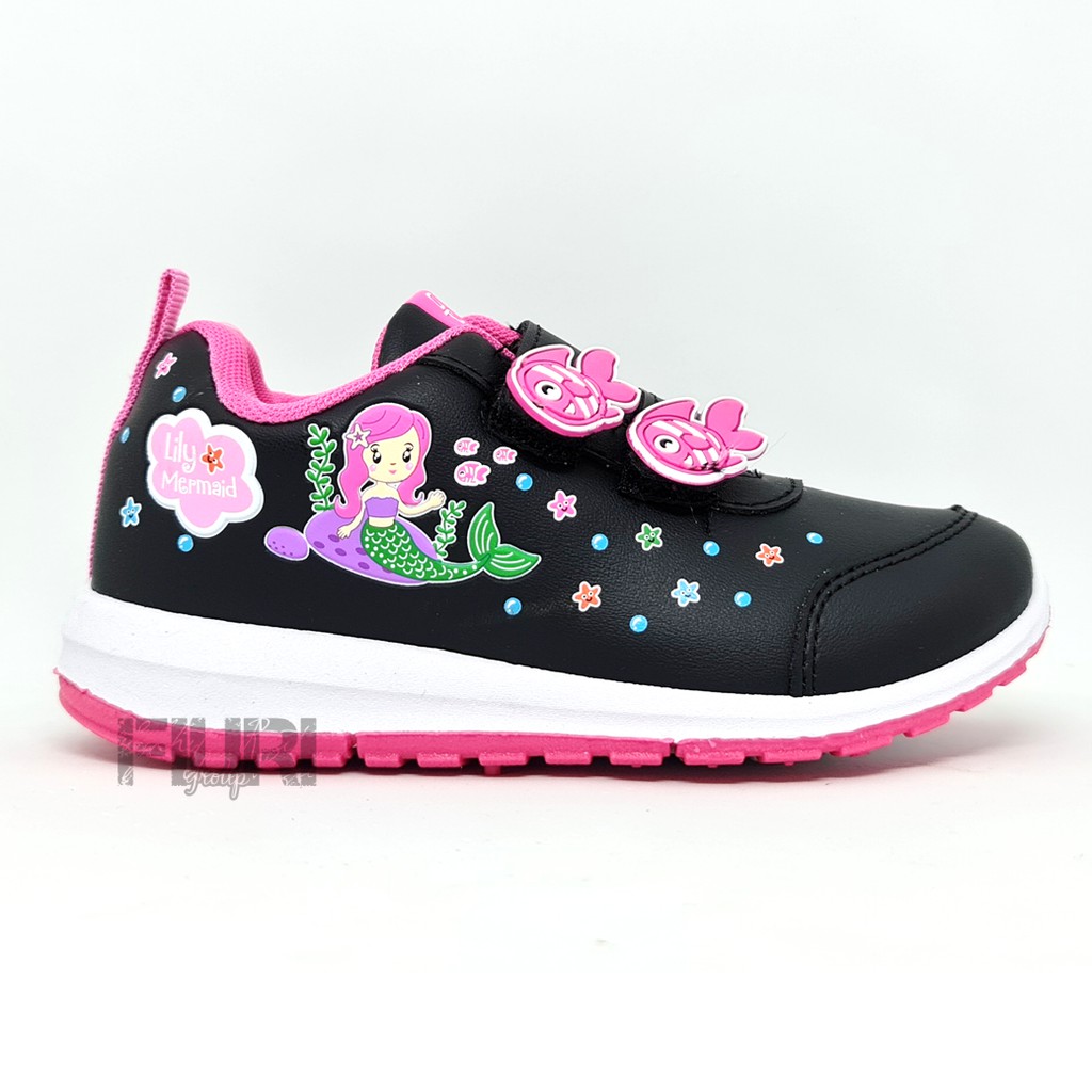 FIURI - ANDO ORIGINAL -  LILY MERMAID PEREKAT 29-32 HITAM PINK - SEPATU SNEAKERS KANVAS SOL KARET ANAK KECIL PEREMPUAN  - SEPATU PUTRI DUYUNG KETS LUCU FASHION TRENDY - SEPATU SEKOLAH PAUD TK KRETEKAN PEREKAT CEWEK MURAH PROMO DISKON BONUS KAOS KAKI