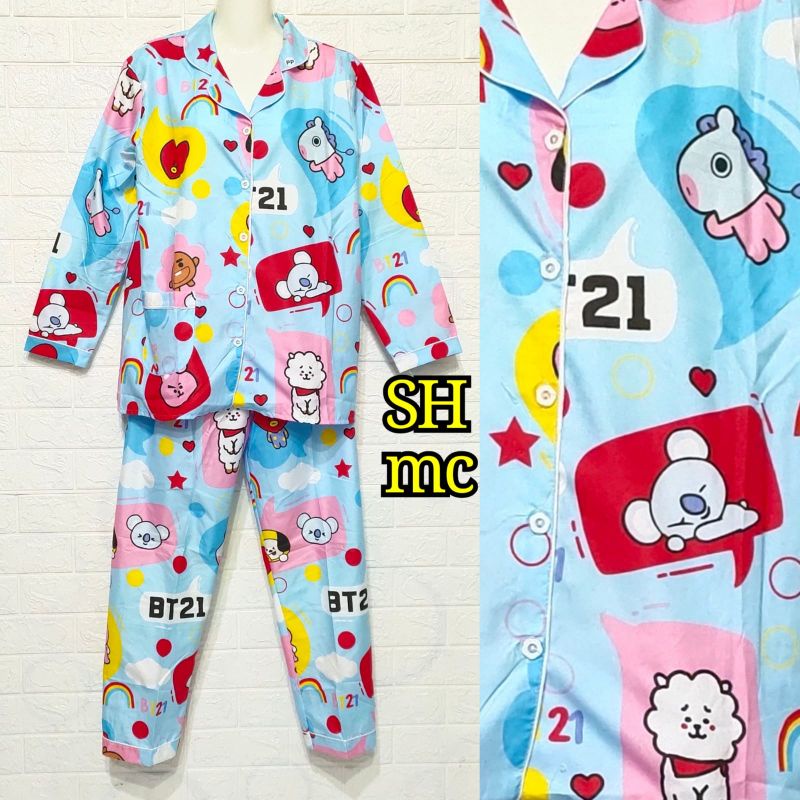 Baju Tidur Piyama Wanita Motif BTS 21 Pajamas Katun  / Baju Tidur setelan Wanita Embos PP CP 3/4 Daster JUmbo 3 In 1 Terbaru Bigsize Kekiniaan