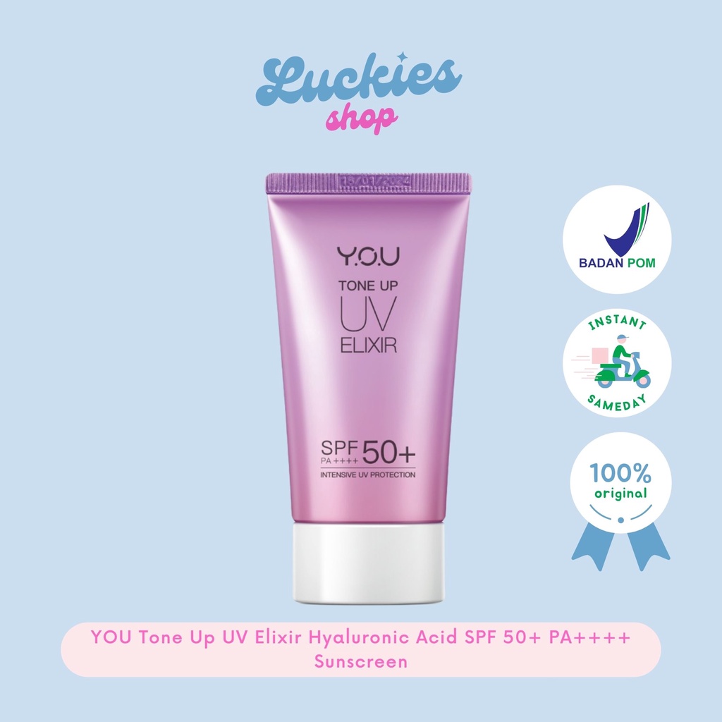 BPOM YOU Tone Up UV Elixir Hyaluronic Acid SPF 50+ PA++++ Sunscreen Mencerahkan Menghidrasi Kulit Wajah Muka