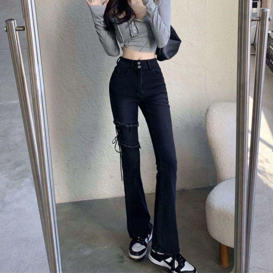 celana jeans pinggang tinggi fashion pengurangan usia denim hitam lurus celana melebar celana stretc