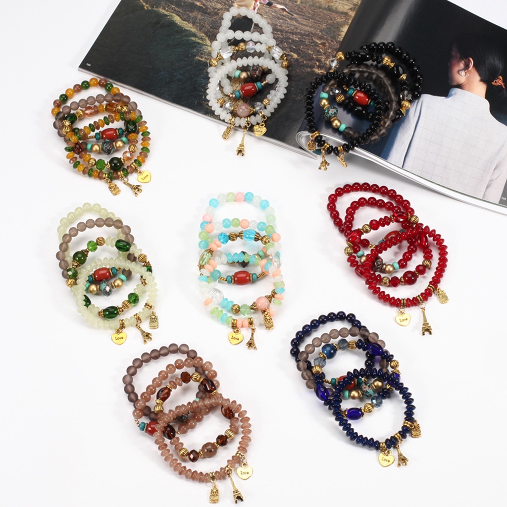 Hu Hu Hu Hu Hu Alat Bantu Pasang Kacamata♡ 4pcs / Set Gelang Tali Elastis Liontin Burung Hantu Menara Eiffel Gaya Bohemia Untuk Wanita