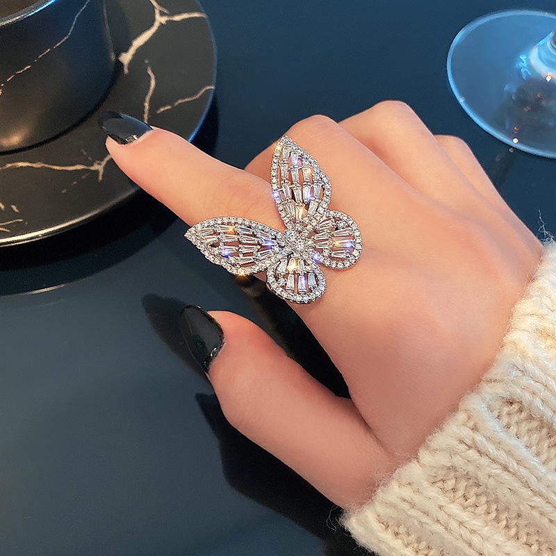 Cincin Jari Telunjuk 14K Gold Model Terbuka Desain Kupu-Kupu Aksen Zirkon Untuk Wanita