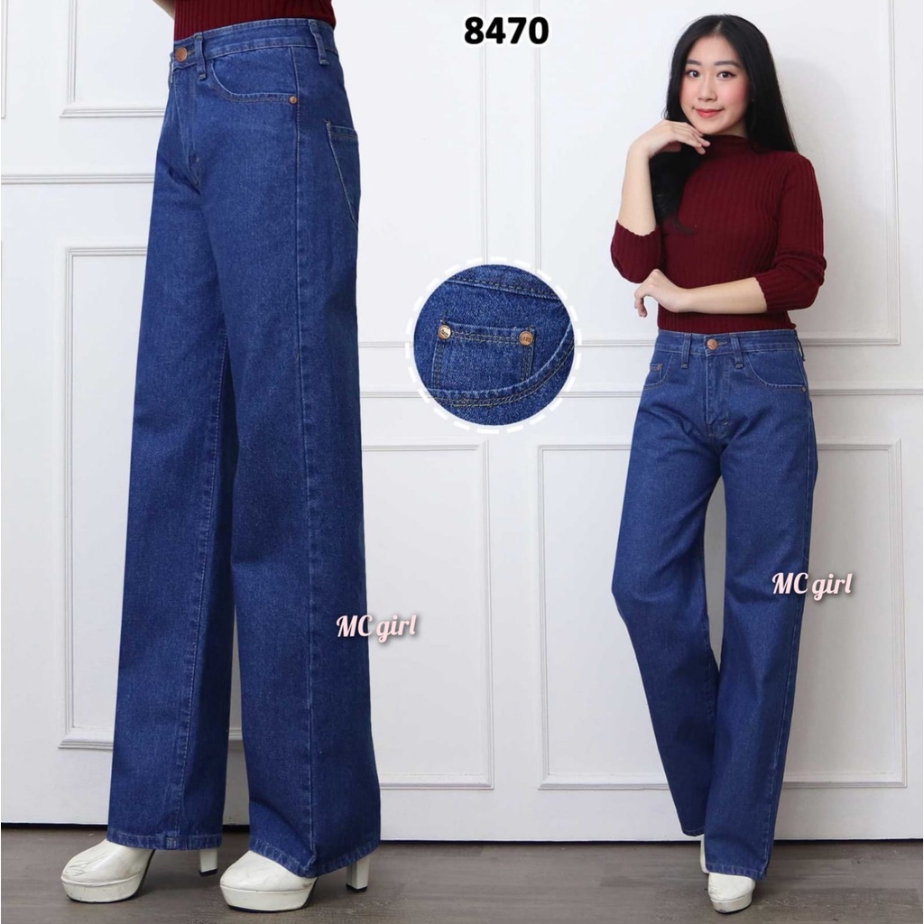 MC girl - Kulot Panjang Jeans Warna Biru Tua Wanita / Celana Jeans Kulot Boyfriend Dark Blue / Kaki Lebar