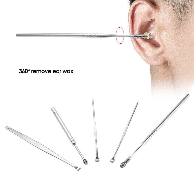 [5 IN1] Alat Pembersih Telinga Stainless 1 Set Korek Kuping Stainless Spiral Lengkap Earpick Kotoran Keras Sedot untuk Dewasa Bayi Balita