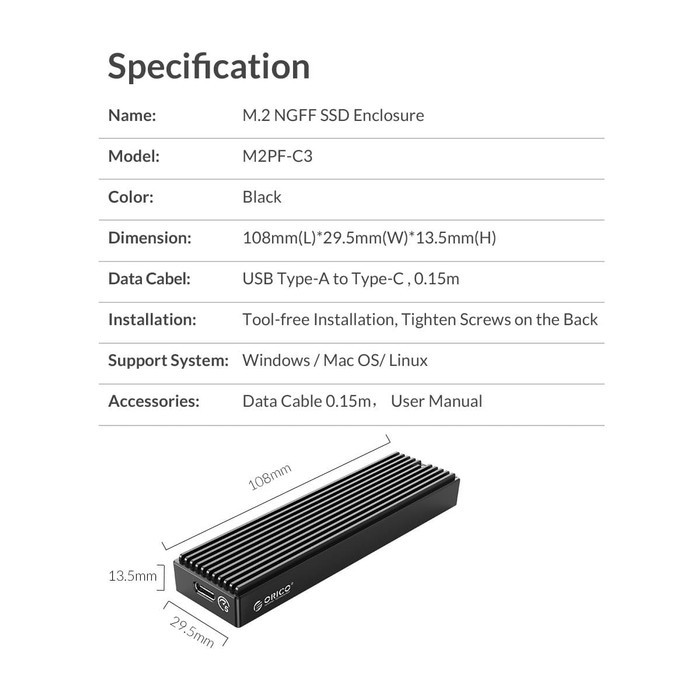 Orico M2PF-C3 Case SSD M.2 Sata NGFF SSD Enclosure USB 3.1 Gen1 Type-C