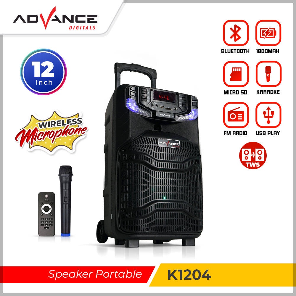 【READY STOCK】 Advance K1204 Speaker Meeting Karaoke Bluetooth 12 Inch Free 1 Mic Wireless with LED light TWS function