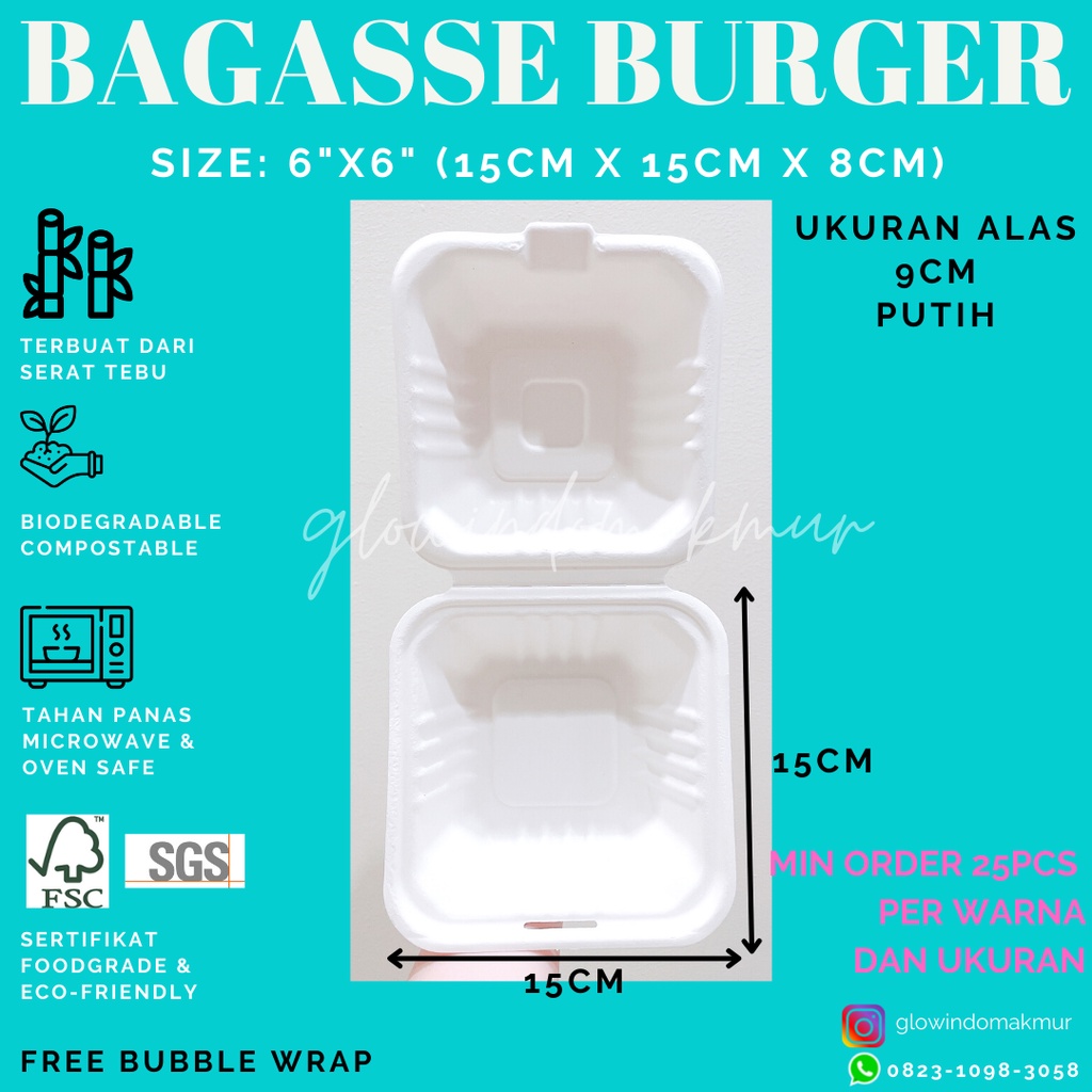 Bagasse Box Bento Cake Burger 15cm x 15cm 6inch 6&quot; Lunchbox Small Sugarcane Serat Tebu ECO FRIENDLY