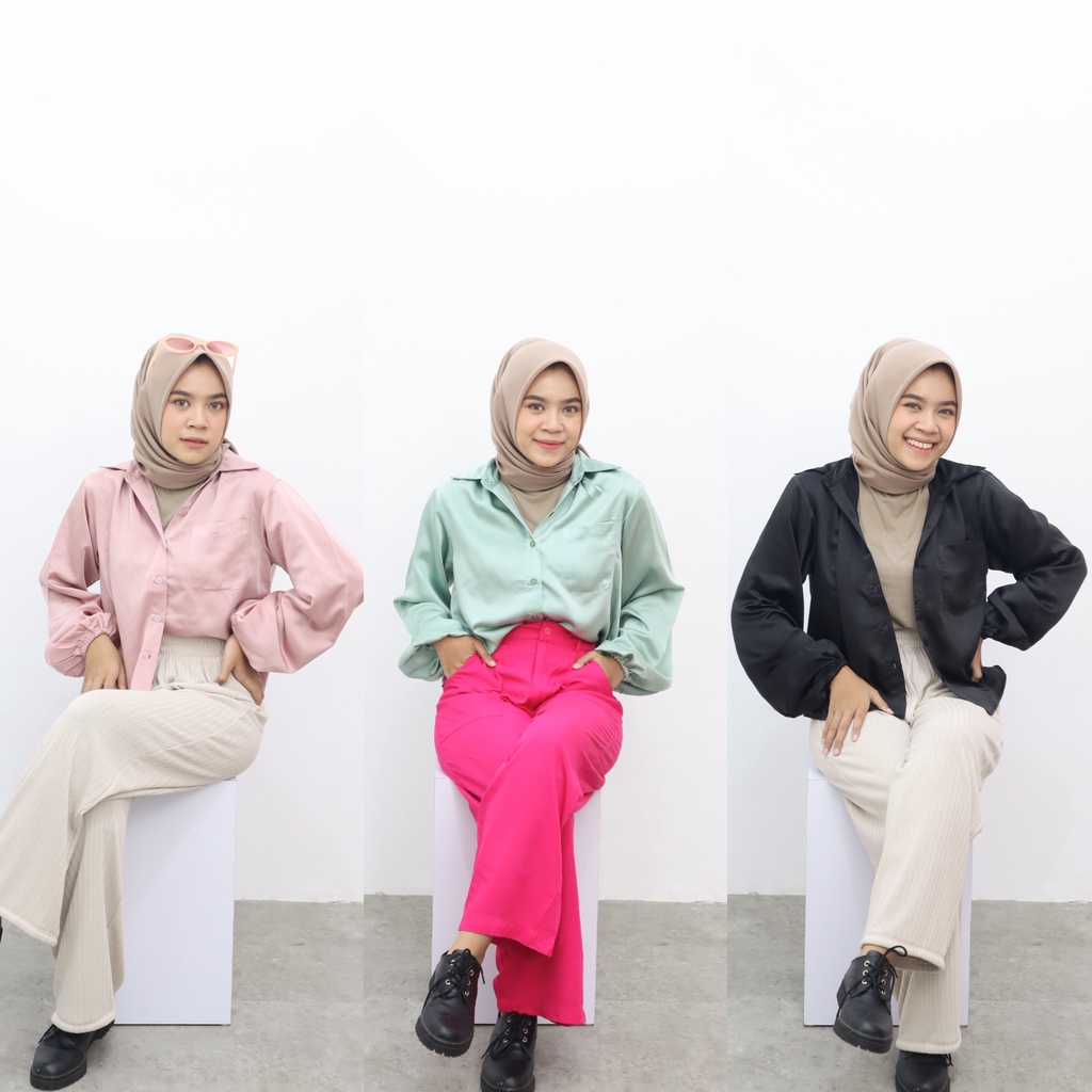 KEMEJA SATIN - CROP TOP - LENGAN BALON