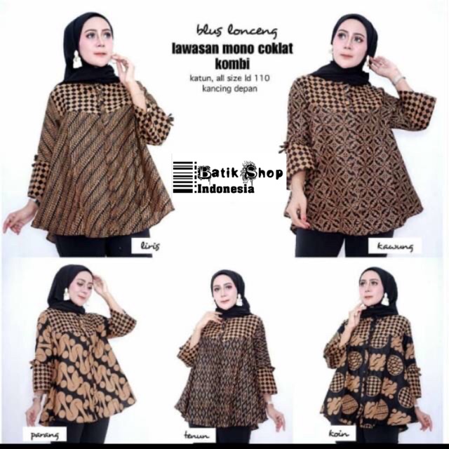 Blus Lonceng Mono Lawasan Coklat Kombi Batik Blouse Atasan Kerja Kantoran Terompet Seragaman Blouse