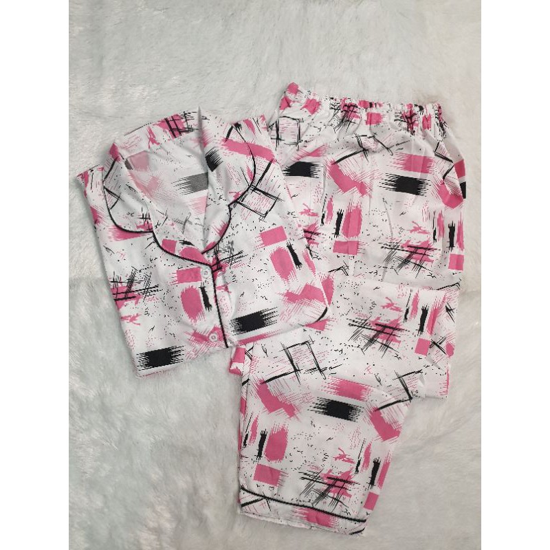 Baju Tidur Piyama Wanita/Cewek Pajamas Dewasa Katun Motif Daun-CP ABSTRACT PINK