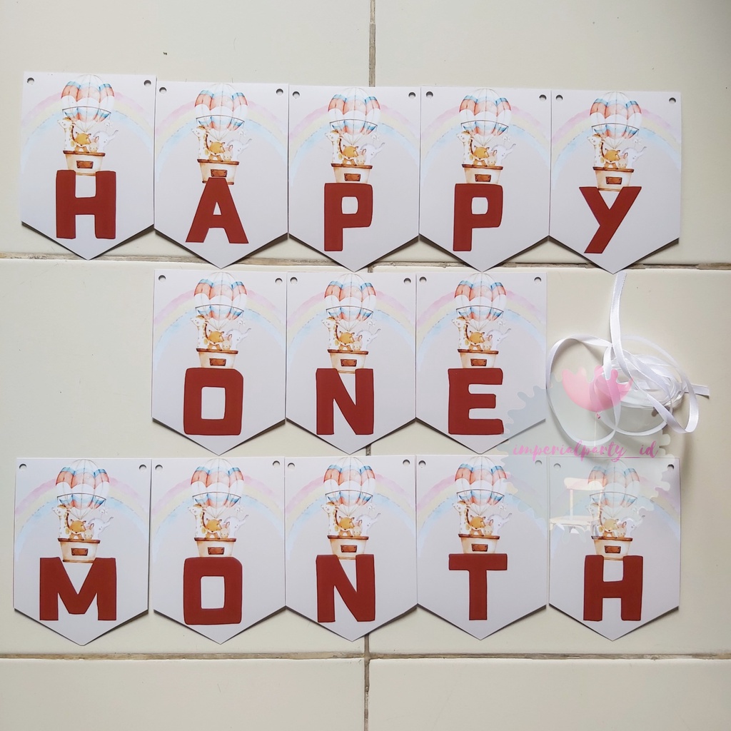 Banner Bunting Flag Happy One 1 Month Bulan Baby Bayi Animal Rainbow