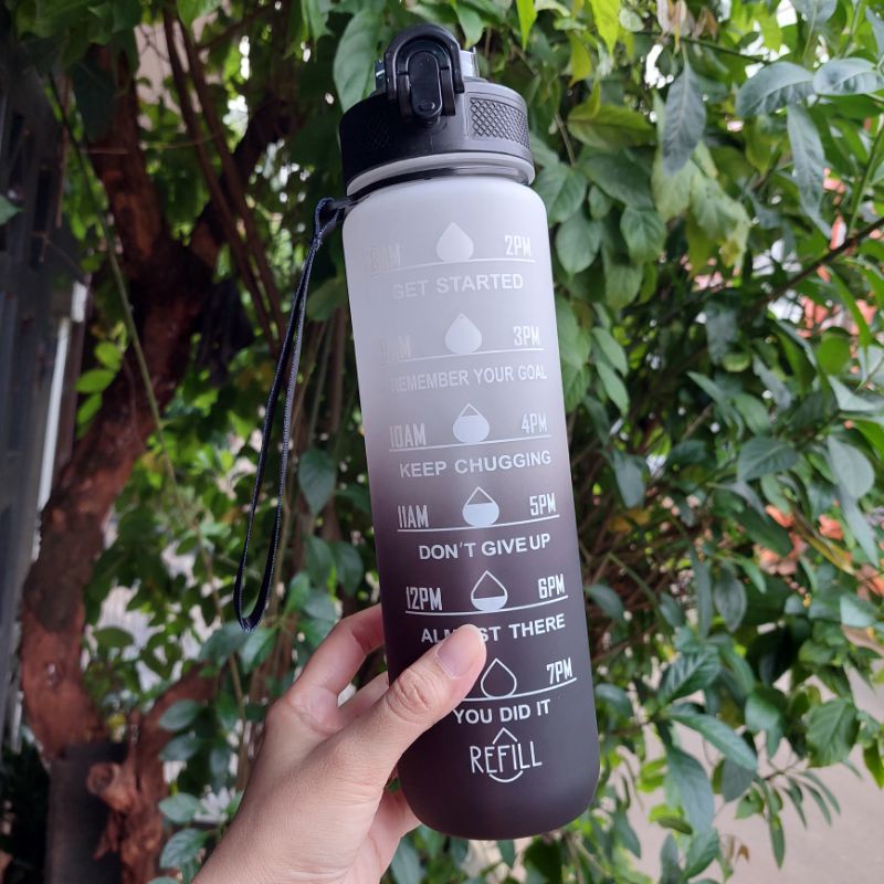 BAKUL UNIK - Botol minum 1L 1 liter pastel viral bahan tritan BPA Free / motivational water bottle-Hitam gradasi