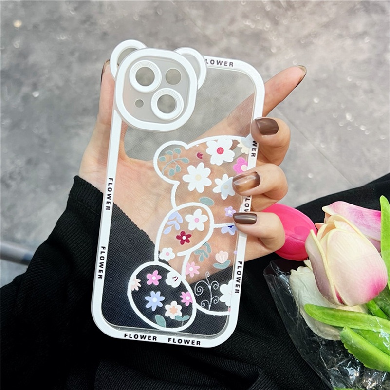 Soft Case Silikon TPU Transparan Motif Bunga Beruang Untuk case hp Compatible for iPhone 14 13 12 11 Pro Max X Xr Xs Max SE 2020 8 7 6 6s Plus Clear Floral Bear Phone Case Silicone Soft TPU handphone murah casing cover Lens Protector Shockproof Back Cover