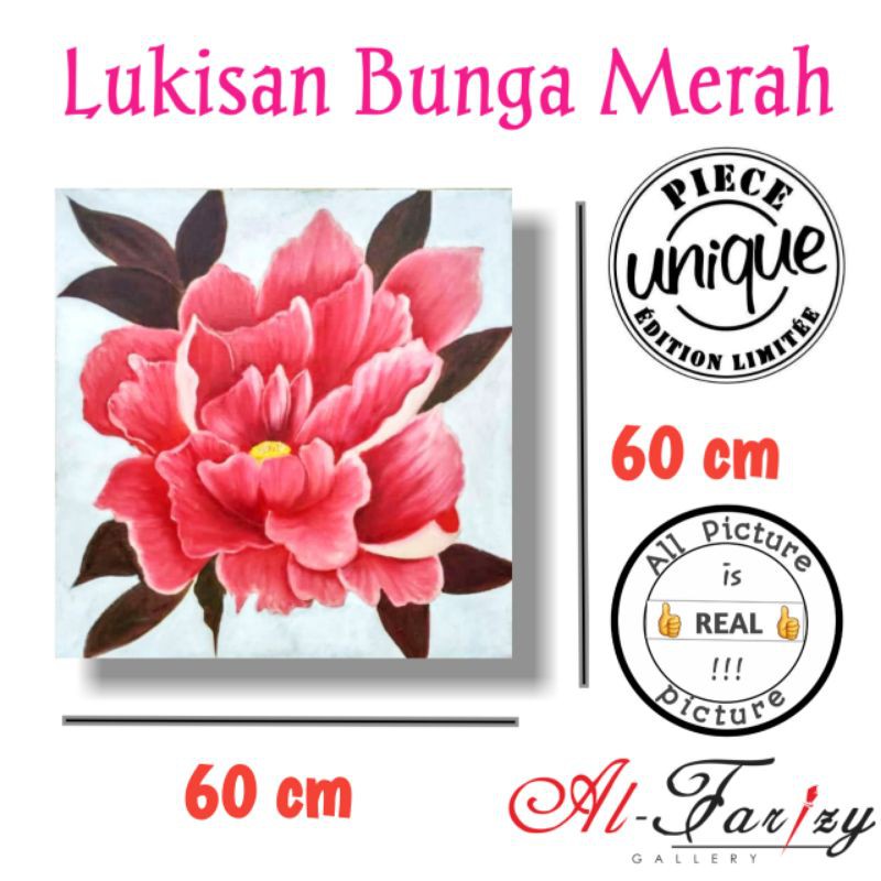 Lukisan Bunga Merah Unik Minimalis Kanvas Ukuran 60x60 cm Lengkap dengan kayu penyangga