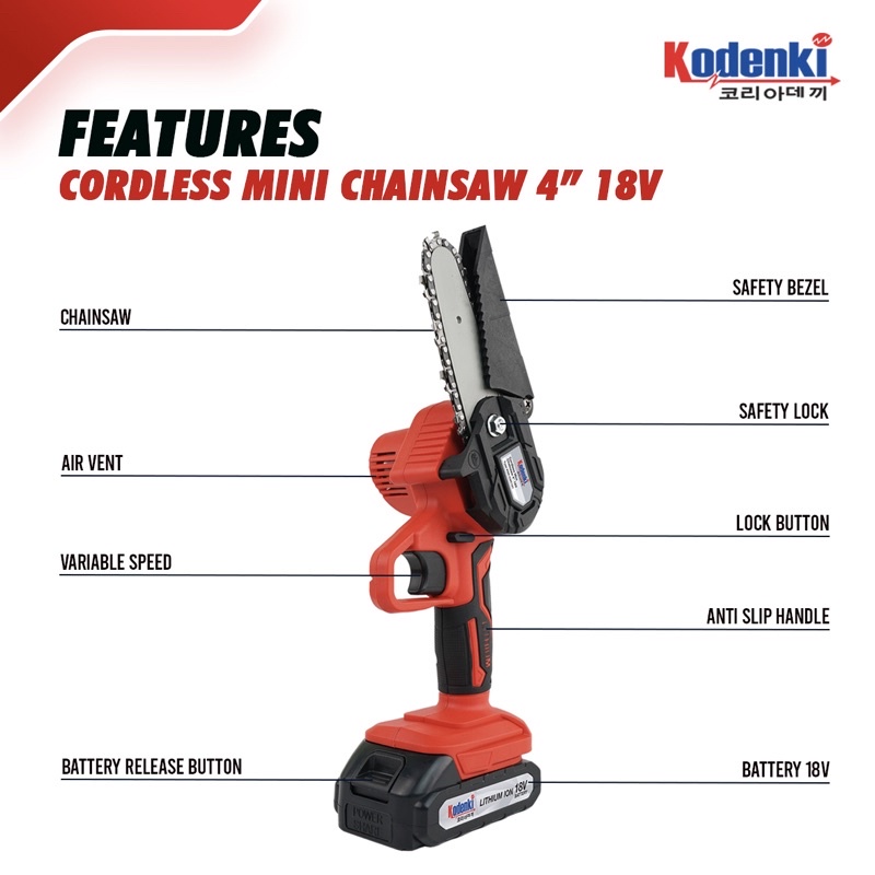 Chainsaw Cordless Mini 18V 4 Inch Kodenki Mesin Gergaji Potong Kayu Pohon Baterai Batre Chain Saw Portable 4&quot;