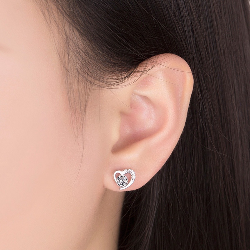 Anting Tusuk Silver Bentuk Hati Dengan Cubic Zirconia Imitasi Untuk Wanita