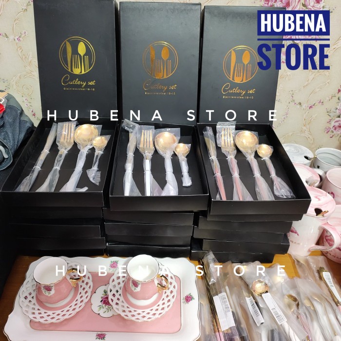 Cutlery Set - Cutlery Gold Set With Gift Box Sendok Gold Peralatan Makan