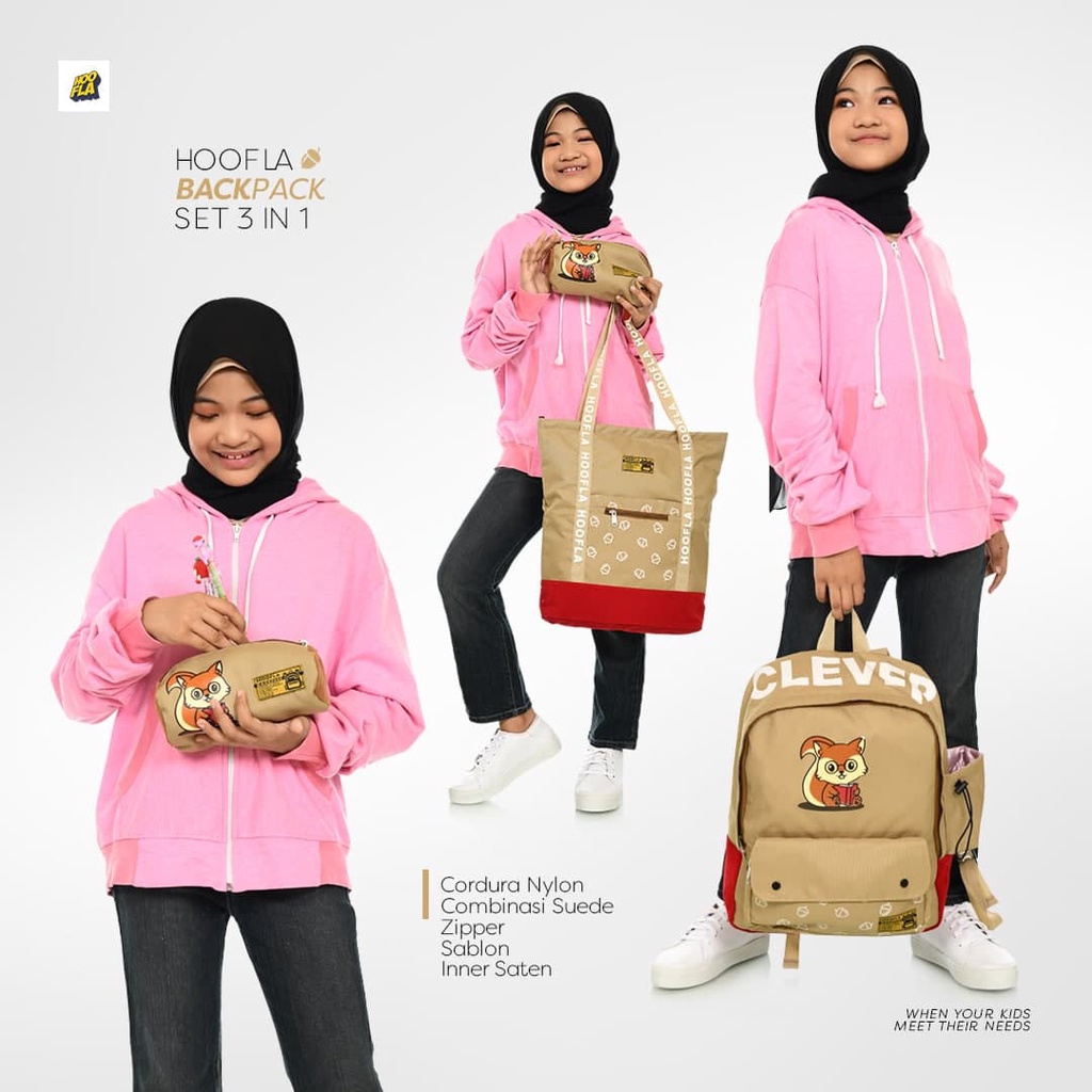 Tas Sekolah Anak Hoofla Backpack Set 3 in 1 Tas Ransel Totebag Pouch Tempat Pensil