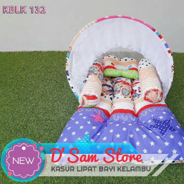 132 | Kasur Bayi Lipat Kelambu Set Bantal Guling Karakter Bear Family Purple Star Toko Kado Lahiran