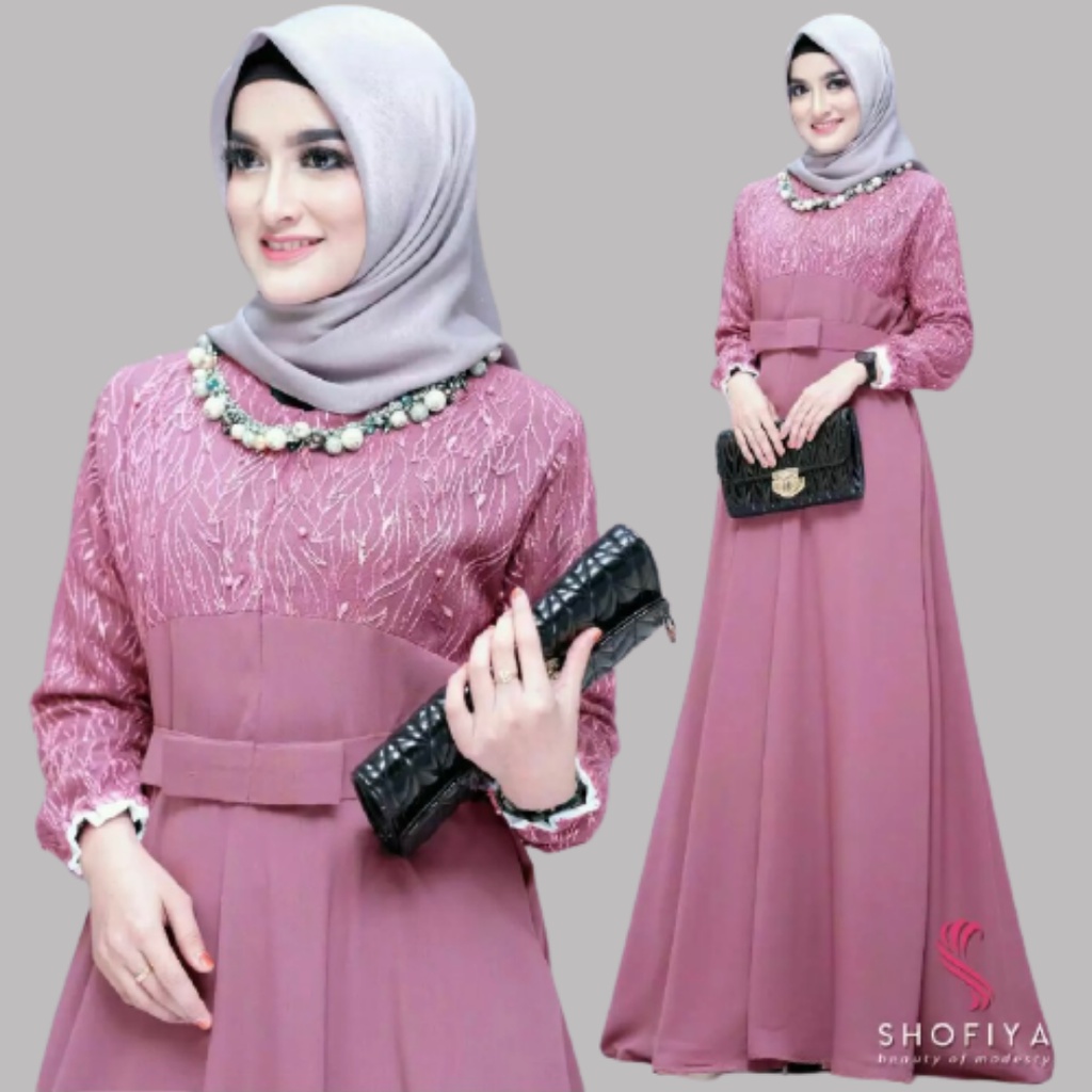 GAMIS BRUKAT MUTIARA QUEENBY KOMBINASA MOSCREPE / Gamis Brukat Busui Muslimah Bumil-DUSTY