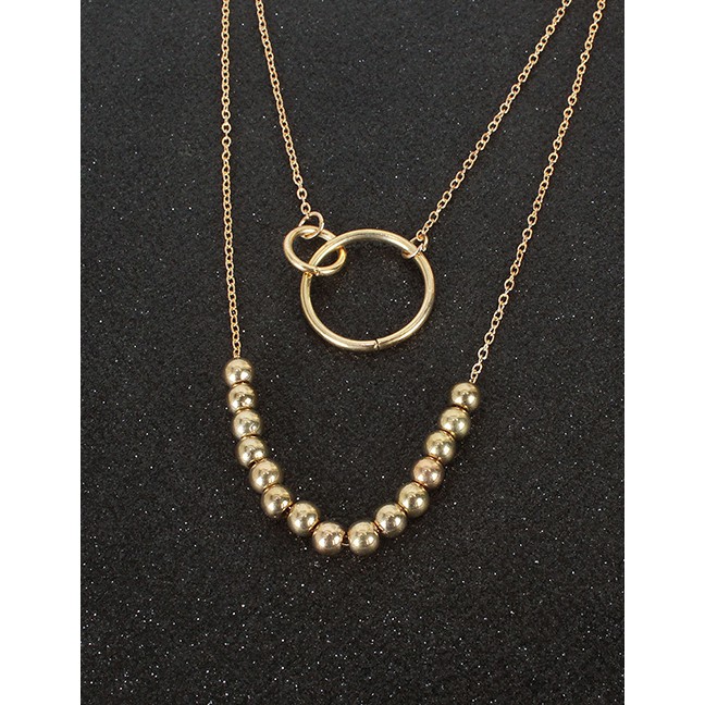 LRC Kalung Fashion Gold Color Round Bead Chain Ring Pendant Multilayer Necklace P09934