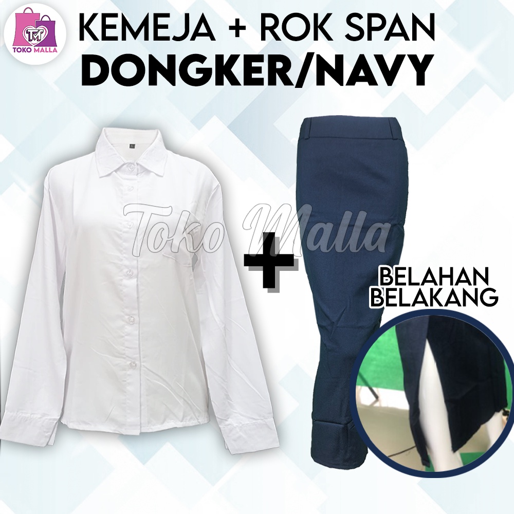 Setelan Kemeja Putih Set Wanita,1 SET KEMEJA & Rok WANITA SPAN Panjang NAVY, Jas Formal, One Set Wan