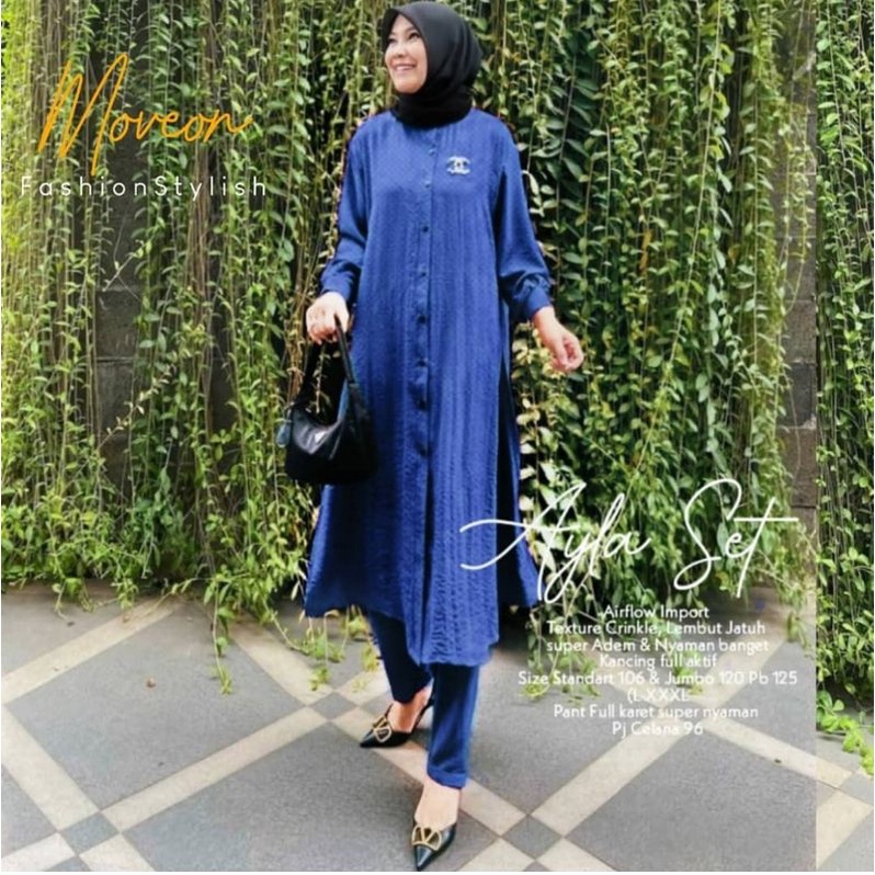 Vira One Set Fashion Muslim Jumbo Ld 120 cm  Setelan Wanita Kekinian Terbaru Bahan Katun Crinkle Air Flow Premium Harga Kompetitif Murah-Biru
