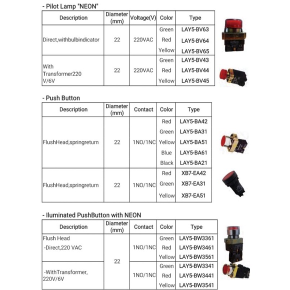 Push Button XB7-EA31, XB7-EA42, XB7-EA51. 1NO/1NC, 220Vac. FORT