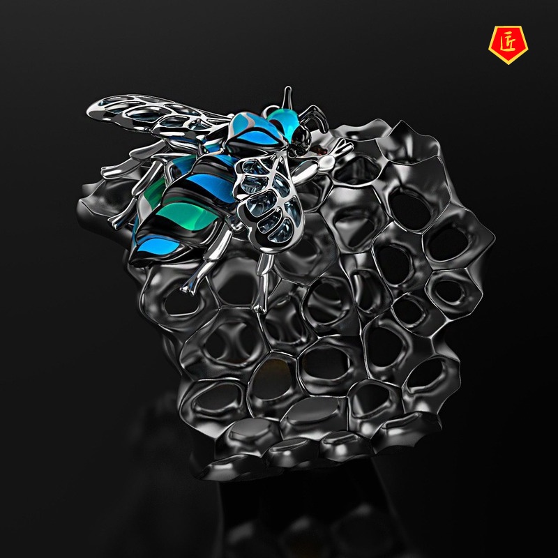 [Ready Stock]Creative New Blue Bee Honeycomb Ring Exaggerated Punk