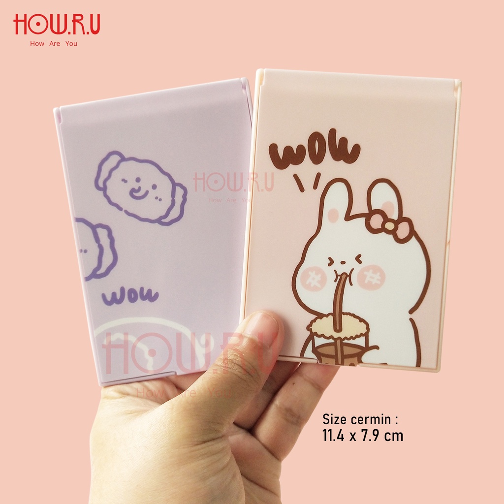 HOW.R.U | 11 x 8 cm - Cermin Lipat / Cermin Saku Korea Warna Pastel Motif Karakter Lucu