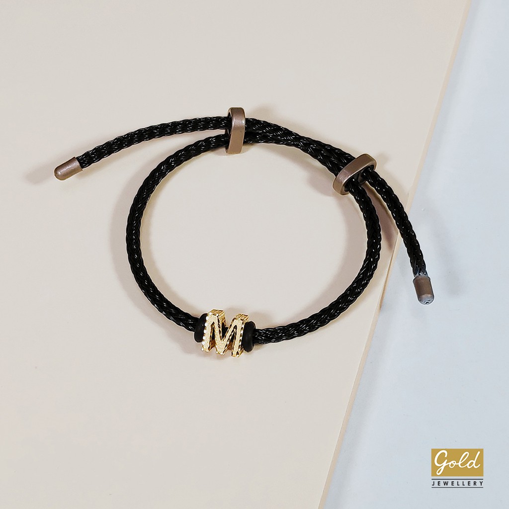 Gelang tali emas kuning kadar 700 70% inisial M bsr tali pdr srt hitam