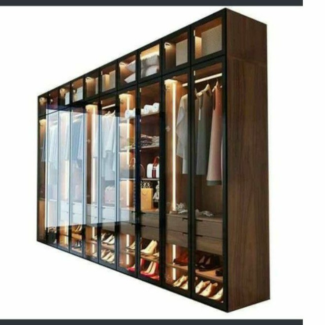 lemari pakaian kayu minimalis ukuran P300X60XT285 mewah hpl pintu kaca modern elegan HPL luar dalam 